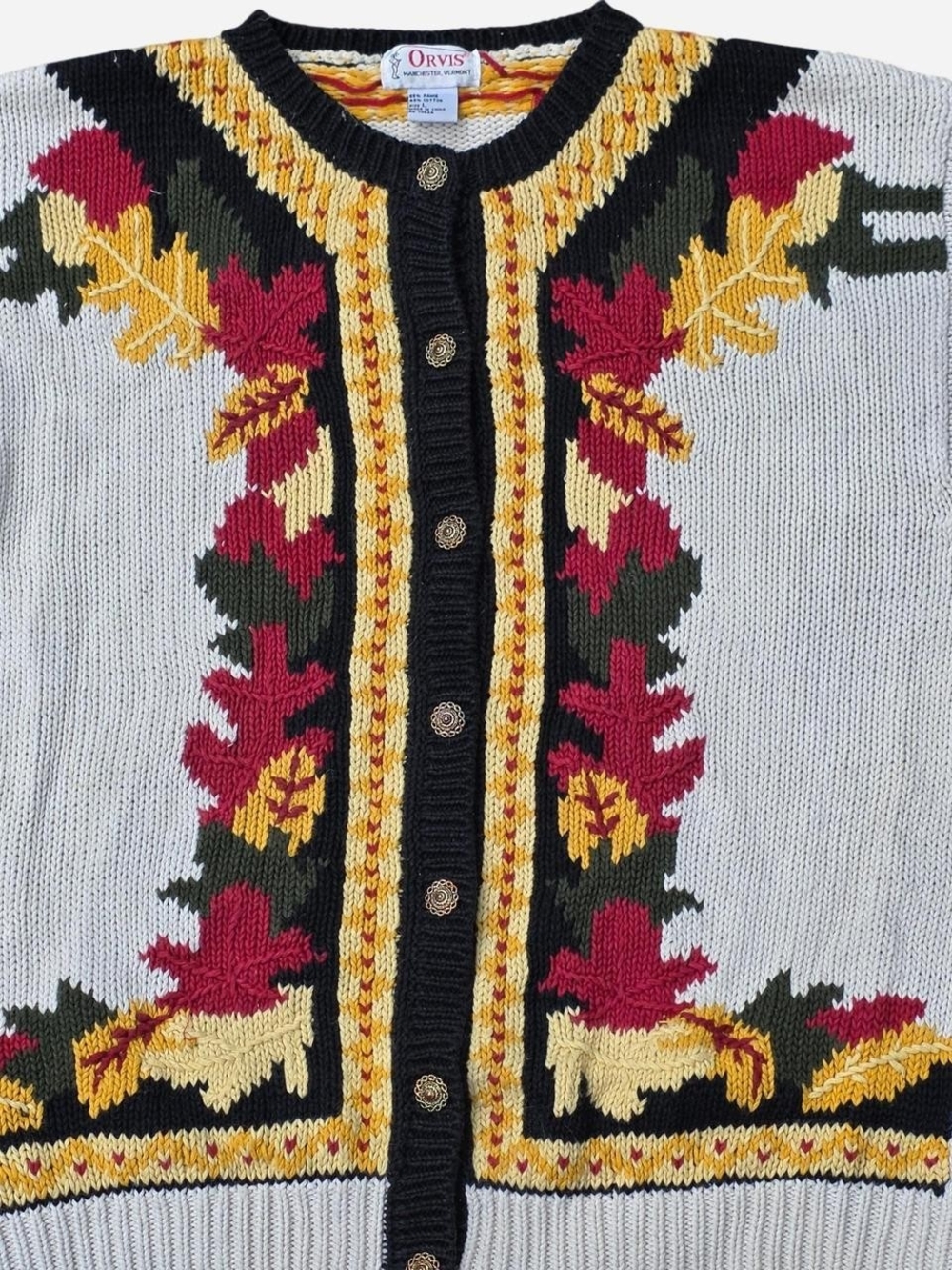 Vintage Orvis Autumn Leaves Intarsia Knit Cardigan Sweater Size L - Picture 3 of 8